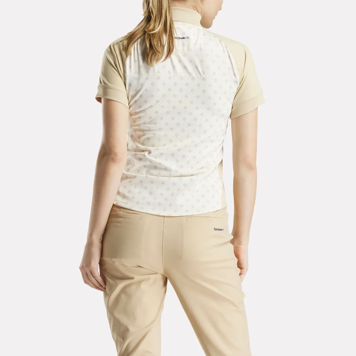 Haut à manches courtes et fermeture éclair 1/4 avec imprimé mini argyle pour femmes Haut à manches courtes et fermeture éclair 1/4 avec imprimé mini argyle pour femmes